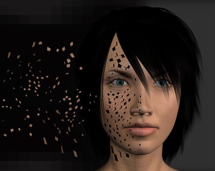 Wired woman downloading data from the internet. Futuristic 3d illustration.