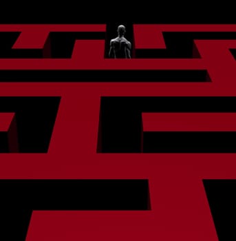 Man finds a solution to exit complex maze. 3d conceptual illustration.