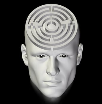 Man in a complex maze of deep thought. 3d conceptual illustration.