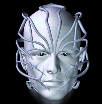 Cyberpunk with futuristic tribal thorn mask. 3d illustration.