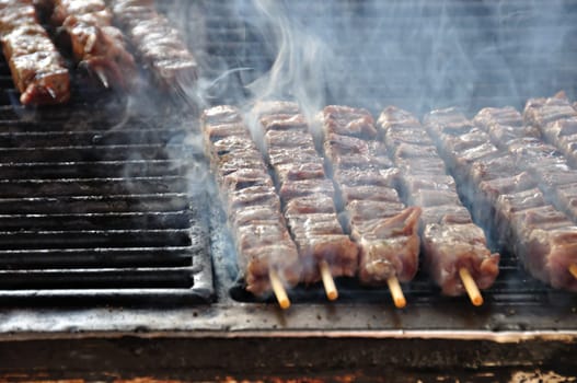 Souvlaki meat skewers on hot grill. Greek food background.