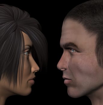 Young couple in love looking into each other&#039 s eyes. Man and woman 3d illustration.