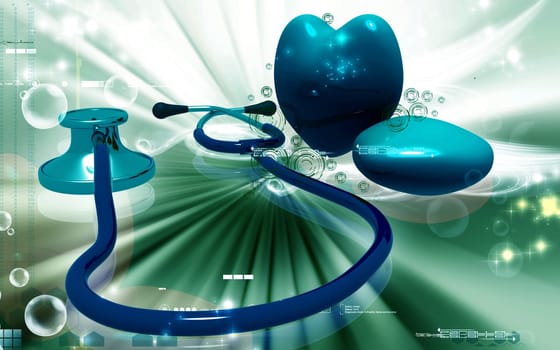 Digital illustration of stethoscope and heart in colour background