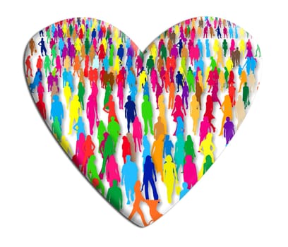 a crowd of people of all colors in a heart in relief on white background
