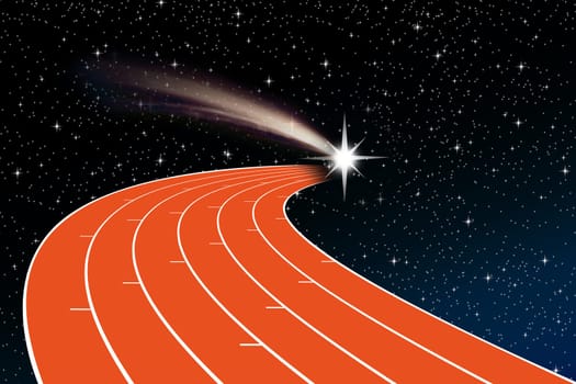 an athletics track in perspective towards a shooting star against the backdrop of night sky