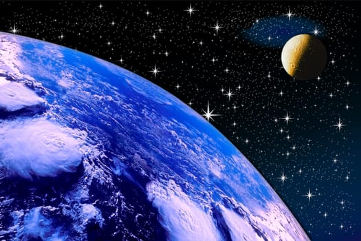 planet earth on a starry sky with the moon for air space
