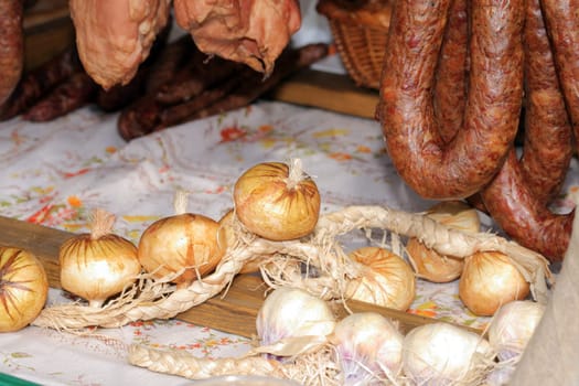 Traditional onion and sausages at the street market