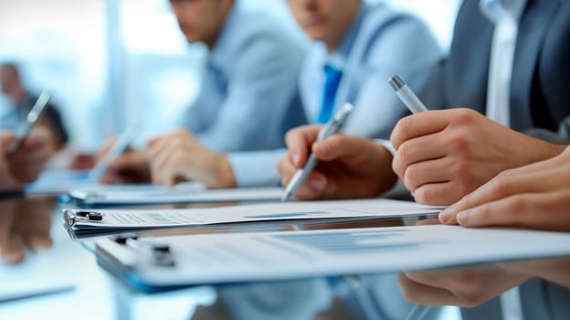 A group of business professionals is focused on reviewing documents at a sleek conference table. They write notes and discuss important points - Generative AI