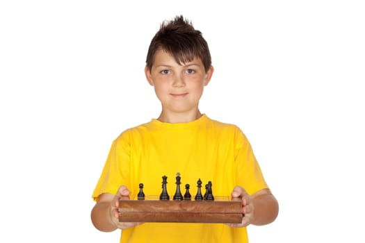 Adorable boy with a chess game isolated on a over white background