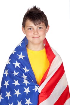 Funny child with yellow t-shirt with American flag isolated on white background