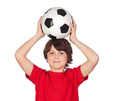 Adorable boy dreaming about being soccer player