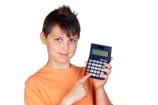 Funny child with a calculator isolated on white background