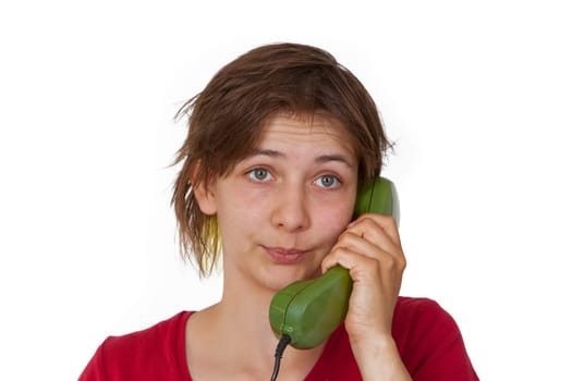 Young woman talking on the phone - isolated on white background