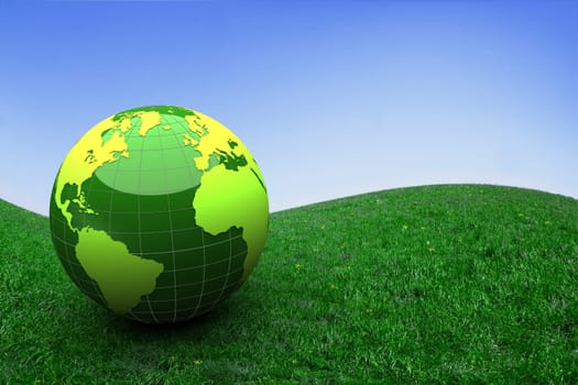 3d green globe on grass - ecology concept