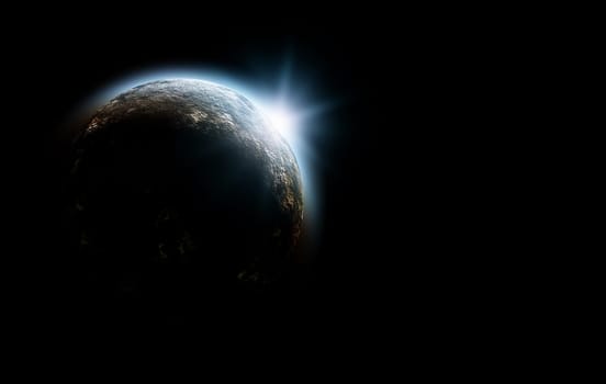 3d planet in cosmos with rising sun