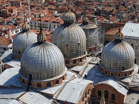 aerial view with basilica st Mark domes, from Campanile&#039 s tower on St Mark square