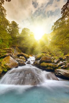 A mountain stream at sunset in the mountains of New Zealand
