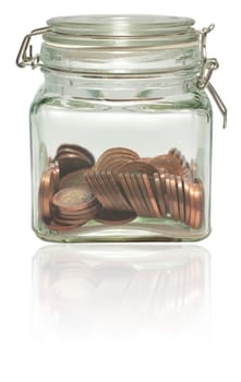 Glass Jar Full of Czech Coins on White Background