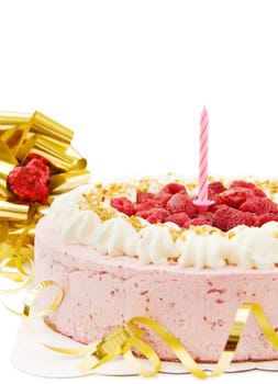 Celebrating a special day with festive raspberry cake, golden ribbons and sparkling heart decorations. Isolated on white background.