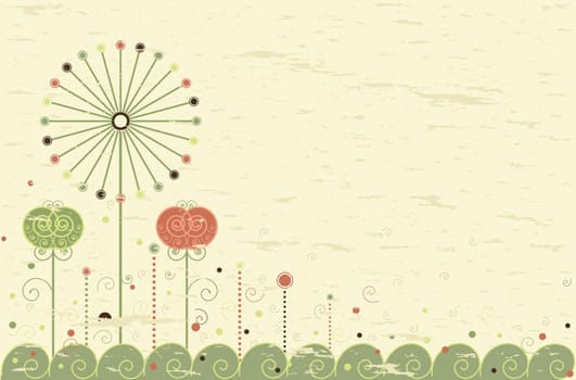 Retro greeting card with flowers and dandelion. With room for your text. Suitable as background for thank you notes and invitations.