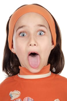 Cute girl sticking out her tongue over white background