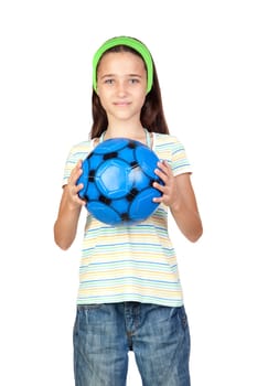 Adorable little girl with soccer ball isolated over white