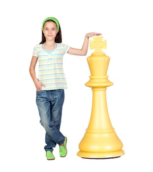 Beautiful girl with a huge piece of chess isolated on white background