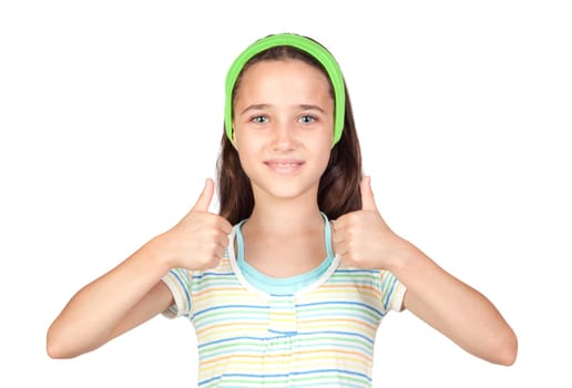 Adorable little girl saying OK isolated on white background