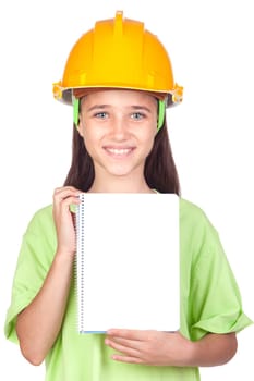 Adorable little girl with yellow helmet and notebook isolated on white background