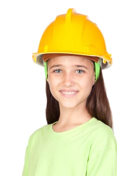 Adorable little girl with yellow helmet isolated on white background