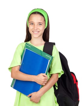 Adorable student girl with blue eyes isolated on white background