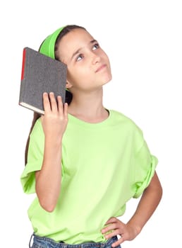 Adorable little girl reading a book isolated on white background