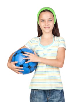 Adorable little girl with soccer ball isolated over white