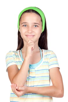 Pensive little girl with blue eyes isolated on white background