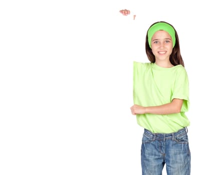 Adorable little girl with a blank poster isolated on white background