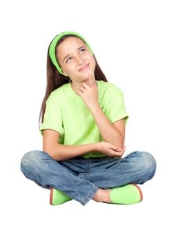 Pensive little girl with blue eyes isolated on white background
