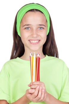 Adorable little girl with many colored pencils isolated on white background