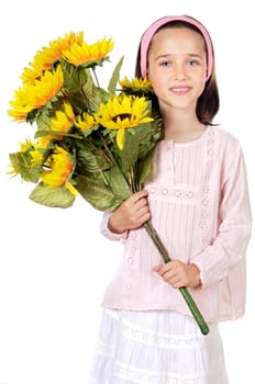 pretty girl with flowers a over white background