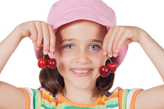 Cute girl with fresh cherries isolated on white