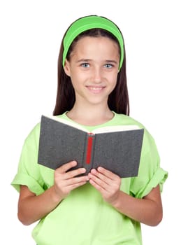 Adorable little girl reading a book isolated on white background