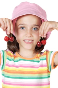 Cute girl with fresh cherries isolated on white