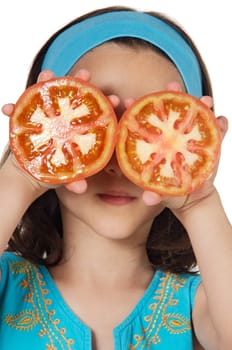 Girl with tomatoes in her eyes a over white background