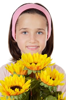 pretty girl with flowers a over white background