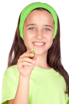Adorable little girl writing with focus on the pencil -SDF-isolated on white background