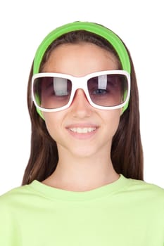 Adorable little girl with funny sunglasses isolated on white background