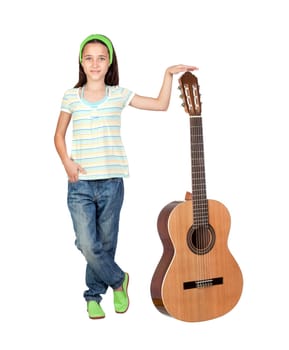 Adorable girl with a big guitar isolated on white background