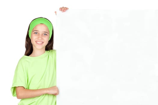 Adorable little girl with a blank poster isolated on white background