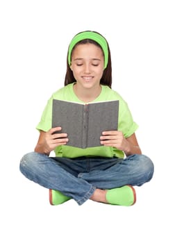 Adorable little girl reading a book isolated on white background
