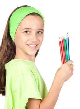 Adorable little girl with many colored pencils isolated on white background