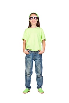 Adorable little girl with funny sunglasses isolated on white background
